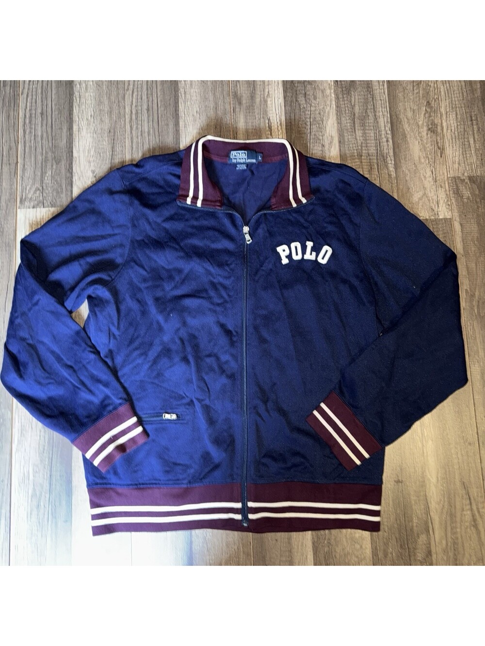 VTG sport Polo Ralph Lauren Sweat Zip Up Spell Out Knit Varsity Jacket Blue Larg